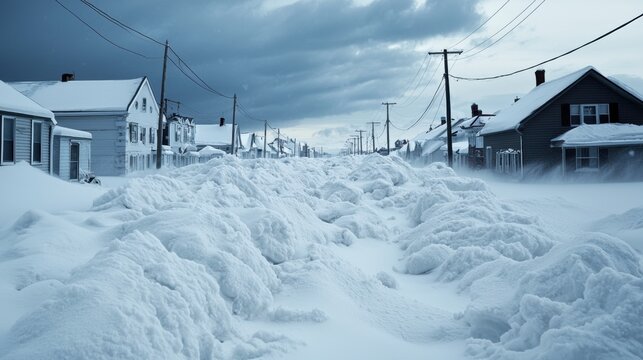 A snowy street scene showcases heavy snowfall covering houses and power lines, creating a winter wonderland atmosphere amid overcast skies.