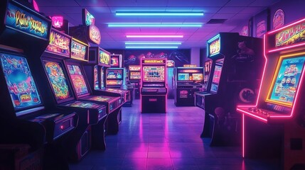  An arcade filled with glowing retro video game cabinets, with bright lights and colorful screens.