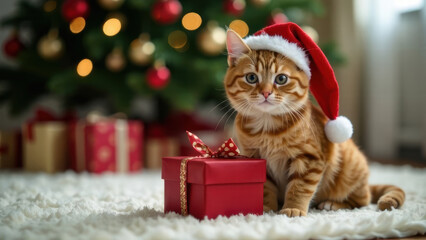 Obraz premium Portrait of a little red kitten sitting near the gift box and looking at camera against the Christmas tree lights background. New Year card. Cute pet. Happy holiday. Domestic animal waits a present