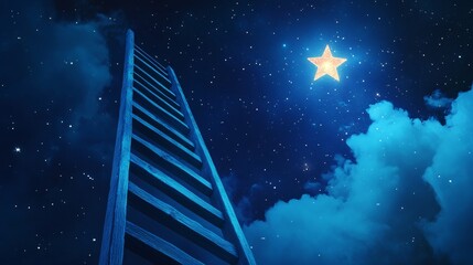 Ladder leading to the sky with stars and clouds. 3D rendering.