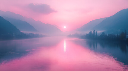 Fototapeta premium Tranquil river at dusk a serene evening scene