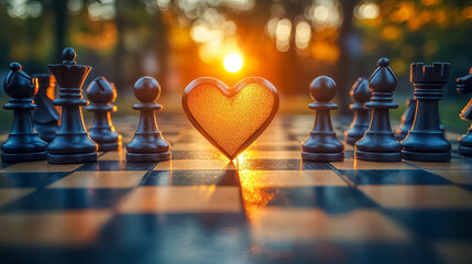 A heart-shaped piece on a chessboard symbolizes love and strategy. Perfect for themes of relationships, decision-making, and emotional intelligence