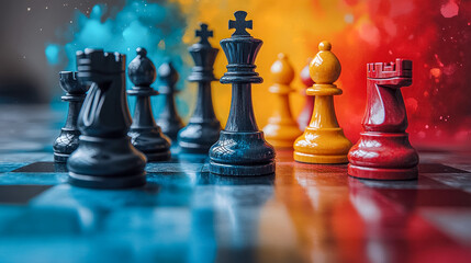 Dynamic chess pieces against a vibrant splash of colors, illustrating strategic creativity and competitive spirit. Ideal for artistic, educational, and promotional uses