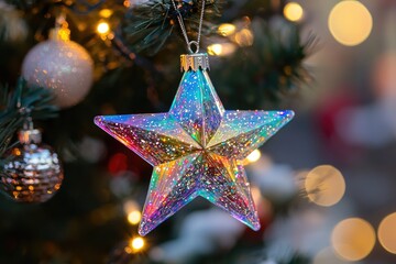 Bright star ornament hanging on christmas tree with lights glowing