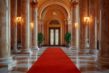 Obraz premium Red carpet leading to ornate door in grand hall with marble columns