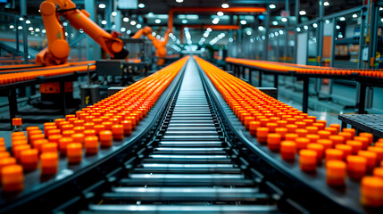 Obraz premium Automated conveyor line in modern factory with robotic arms and orange bottles