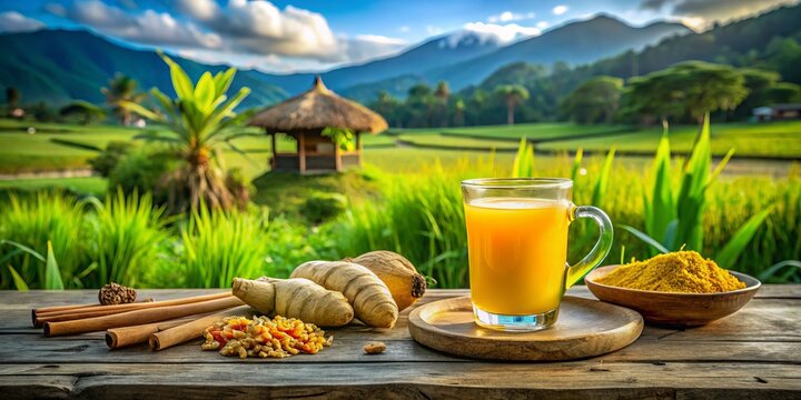 Jamu Beras Kencur: A Traditional Indonesian Herbal Drink for Boosting Immunity During the Pandemic, Showcasing Ingredients and Cultural Significance in Vibrant Presentation