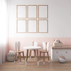 Mockup in the children's room, Baby Room Mockup,Frame Mockup, Set of 6 Frames, Poster Mockups, Nursery Interior, boho, scandinavian, eco style,3d rendering, 3d illustration