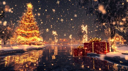 Naklejka premium A vibrant 3D Christmas scene with glowing golden lights, a richly decorated Christmas tree, and a luxury red and gold gift box, set against a reflective snowy ground with floating snowflakes.