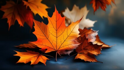 Obraz premium autumn leaves, vibrant orange maple leaf, macro photography, shallow depth of field, warm colors, dramatic lighting, high contrast, dark background, fall foliage, detailed leaf veins, bokeh effect, na