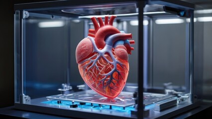 3D-printed anatomical human heart model inside a transparent cube.