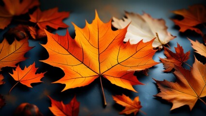 Fototapeta premium autumn leaves, vibrant orange maple leaf, macro photography, shallow depth of field, warm colors, dramatic lighting, high contrast, dark background, fall foliage, detailed leaf veins, bokeh effect, na