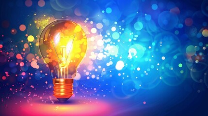 Bright Light Bulb Glowing Amidst Colorful Bokeh Symbolizing Creative Idea