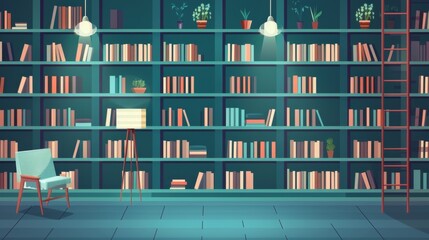 Fototapeta premium Cozy Library Interior with Large Bookshelf, Armchair and Minimalist Decor