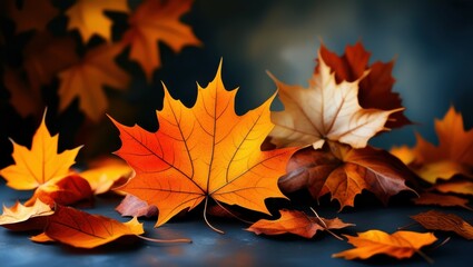 autumn leaves, vibrant orange and red, maple leaves, dark background, dramatic lighting, close-up photography, shallow depth of field, high contrast, moody atmosphere, detailed leaf textures, seasonal