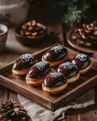 A wooden tray holds six chocolate-covered pastries decorated with sprinkles, surrounded by nature.