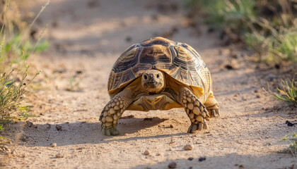 Obraz premium Leopard Tortoise Walking on a Sandy Path in the Afternoon Sun and Copy Space