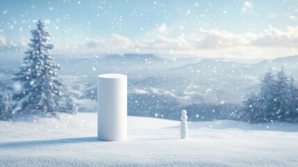 A beautiful Christmas and New Year greeting card showing a cylinder-shaped snow product and a snow standing figure, with a scenic snowfall in the background offering copy space.