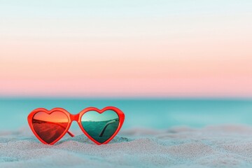 Fototapeta premium Heart-Shaped Sunglasses Resting on Soft Sand with a Beautiful Gradient Sky at Dusk Overlooking the Tranquil Ocean, Evoking Summer Vibes and Relaxation