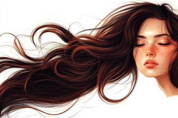 Naklejka premium Beautiful woman with long flowing auburn hair and freckles closing her eyes
