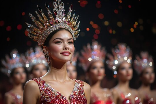 Miss universe thailand anna sueangam-iam wearing her crown while posing with other contestants blurred in the background