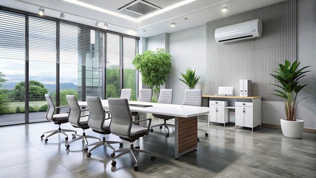 Large White Standing Air Conditioner in Modern Meeting Office Building Providing Comfort and Cool Air for Productive Work Environment