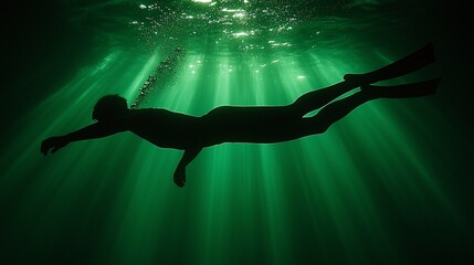 Underwater silhouette of a swimmer.