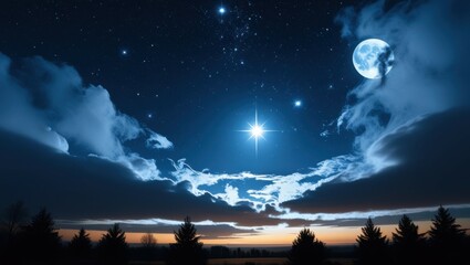 Night sky, starry night, full moon, glowing clouds, silhouette trees, dramatic lighting, cosmic landscape, ethereal atmosphere, deep blue hues, twilight horizon, celestial beauty, mystical scenery, dr