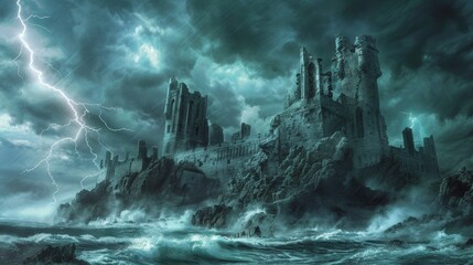 This image depicts a dark and ominous scene with a ruined castle perched on a rocky cliff overlooking a turbulent sea. A violent storm rages overhead, with lightning flashing.