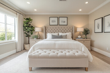 Photographie immobilière d'une chambre d'invités contemporaine élégante et confortable avec lit queen-size