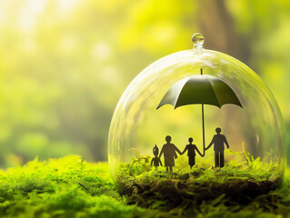 Life Insurance Concept Paper Cutout Family Car Umbrella Sunlight Green Outdoor Background Protection Security grass concept selection wellness hope plan shade soft calm stability advertising flyer