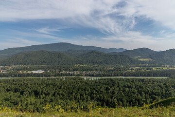 Obraz premium Beautiful view from the Devil's finger peak (or Damn finger rock) to the Katun river. Aya nature park, on the border between the Altai territory and Altai republic, Russia