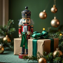 Christmas nutcracker with gift box and christmas balls on green background