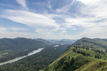 Beautiful view from the Devil's finger peak (or Damn finger rock) to the Katun river. Aya nature park, on the border between the Altai territory and Altai republic, Russia