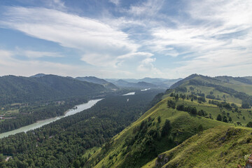 Naklejka premium Beautiful view from the Devil's finger peak (or Damn finger rock) to the Katun river. Aya nature park, on the border between the Altai territory and Altai republic, Russia