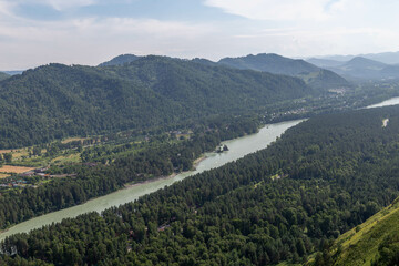 Obraz premium Beautiful view from the Devil's finger peak (or Damn finger rock) to the Katun river. Aya nature park, on the border between the Altai territory and Altai republic, Russia
