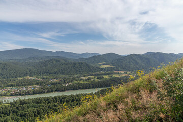Obraz premium Beautiful view from the Devil's finger peak (or Damn finger rock) to the Katun river. Aya nature park, on the border between the Altai territory and Altai republic, Russia