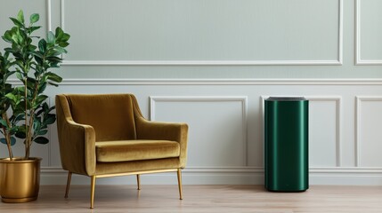 Air purifiers filter and improvement, A stylish, modern living space features a green accent chair, a potted plant, and a decorative air purifier against a pastel wall.