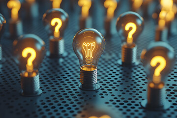 Glowing light bulbs with question marks, one bright.