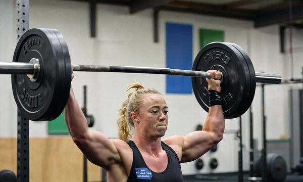 Athlete performing a weightlifting exercise in a gym setting.