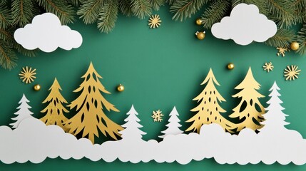Obraz premium A festive paper-cut Christmas card featuring clouds, fir trees, and pine trees with golden accents, all arranged beautifully on a green background.