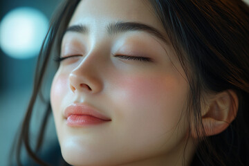Young woman with long dark hair and a pinkish tint to her lips is smiling. She has light pink blush on her cheeks