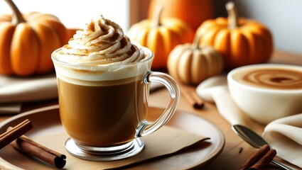 Cozy autumn beverage, pumpkin spice latte, glass mug, whipped cream swirl, cinnamon sticks, small pumpkins, wooden tray, warm tones, soft focus, seasonal drink, coffee shop ambiance, fall flavors, cre