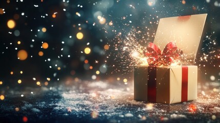 A horizontal Christmas banner with a beautifully wrapped gift box open and glowing sparkles bursting out, creating a magical holiday effect.