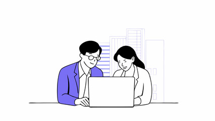 Two people are working together on a laptop, with a cityscape in the background. Both are wearing business attire, suggesting a professional setting. AI generated.