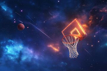 Obraz premium Basketballkorb im Weltraum mit schwebenden Bällen und Galaxie-Hintergrund