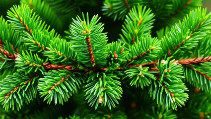 Obraz premium Vibrant green fir tree branches, macro photography, sharp needles, radial pattern, forest detail, natural symmetry, evergreen foliage, botanical close-up, lush texture, coniferous plant, fresh pine ne