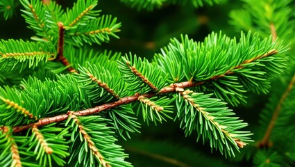 Vibrant green fir tree branches, macro photography, sharp needles, radial pattern, forest detail, natural symmetry, evergreen foliage, botanical close-up, lush texture, coniferous plant, fresh pine ne