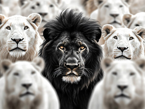 Black Lion Amidst White Pride Powerful Symbol Individuality Leadership Strength Diversity Unity Unique Wildlife Concept Art Photography Majestic society stand out Contrast Strength safari male wall