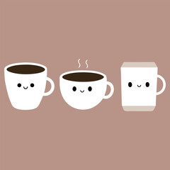 Cute Coffee Cup Characters - Kawaii Coffee Mug and To-Go Cup Design.